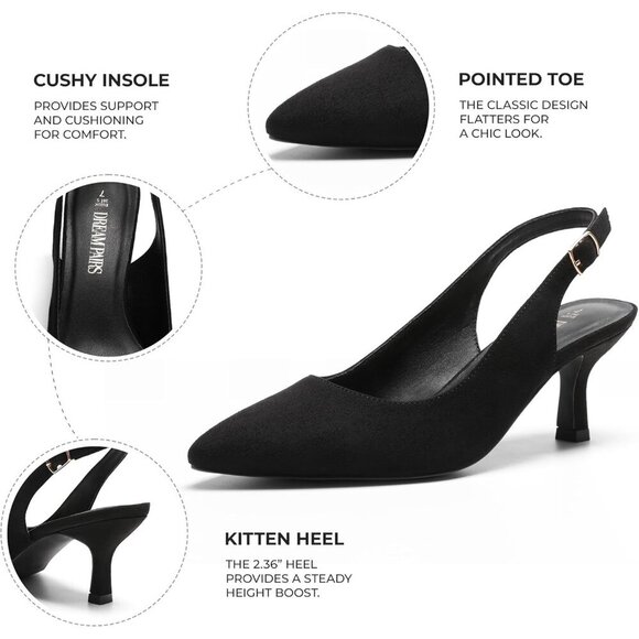 Dream Pairs Women Black-suede Faux Suede Pointed Toe Slingback Low Kitten Heels - Picture 5 of 7